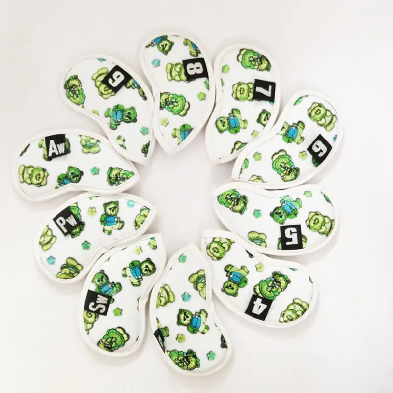 New Golf headcover Green Bear print irons headcover 3-10 P S A 10Pcs/set Unisex Club heads covers irons Set Free shipping