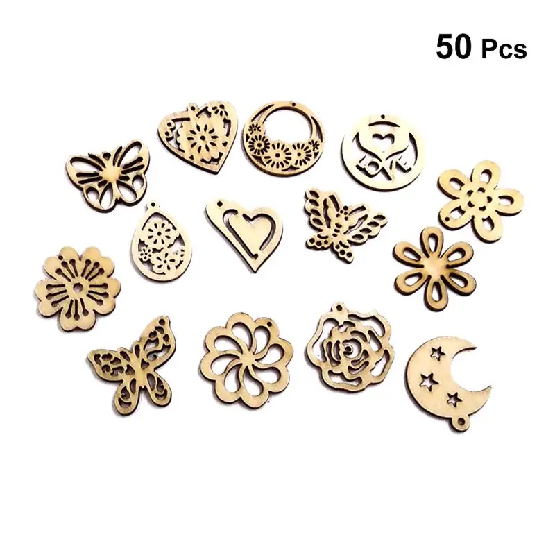 50pcs Mix Laser Cut Wooden Pendant Decorative DIY Craft Wood Pendant Jewelry Earing Making Sewing Buttons Natural Material A3