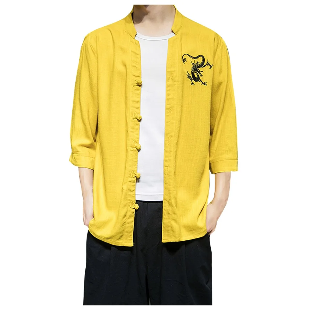 

JAYCOSIN 2019 New Summer Men Shirts Casual Retro Printing Dragon Cotton Linen Long Sleeve Blouse Tops camisas hombre 9624