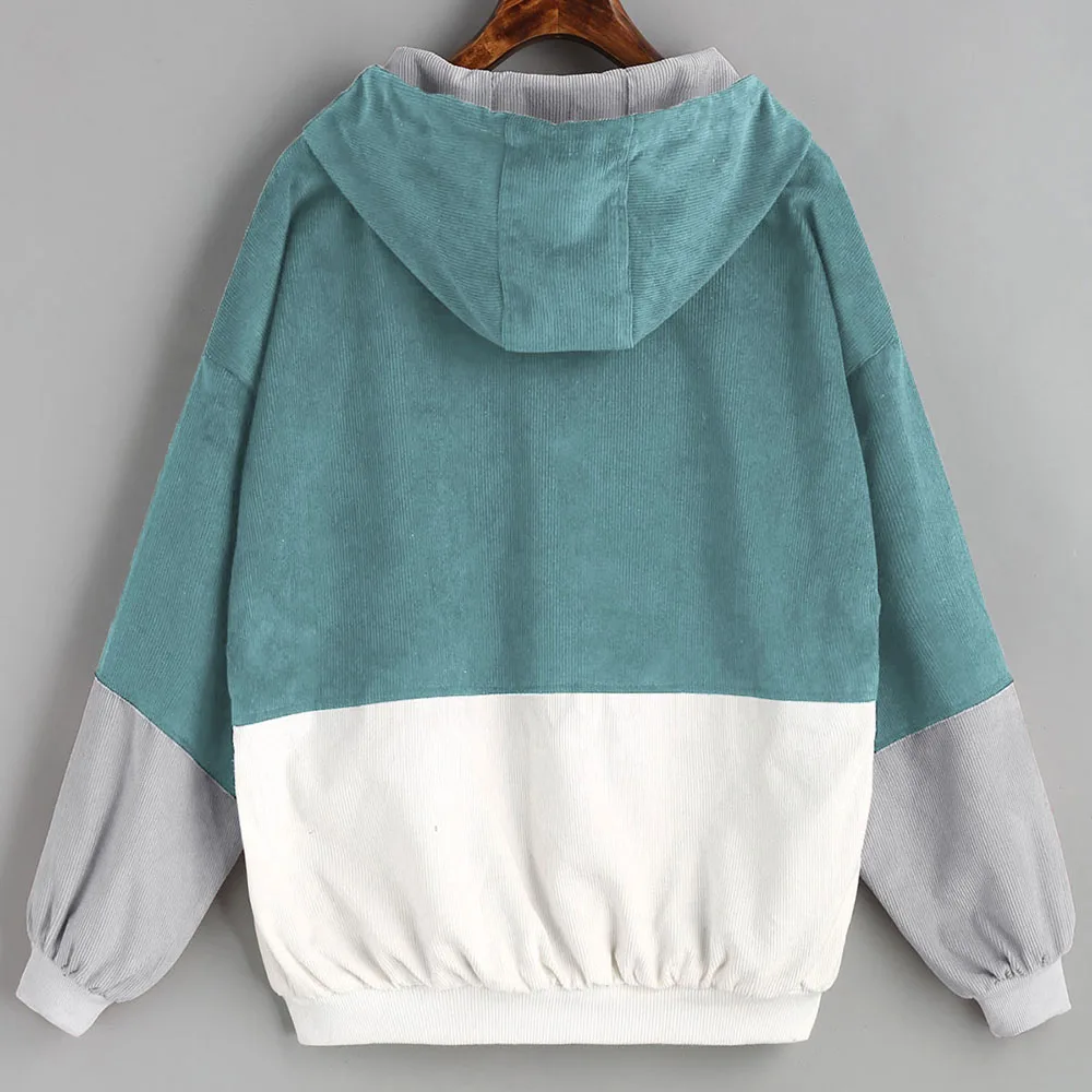 AZULINA Corduroy Jacket Hooded Pachwork Long Sleeve Autumn Basic Jackets Female Coat Zip Up Snap Button Windbreaker Jacket Women Coats