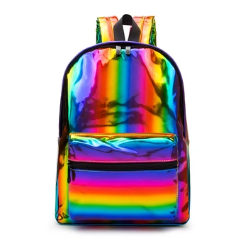 

CuddlyIIPanda Uinque Rainbow Laser Backpack Fashion Design PU Men Women Shoulder Bag Candy Color Silver Lasering School Bag