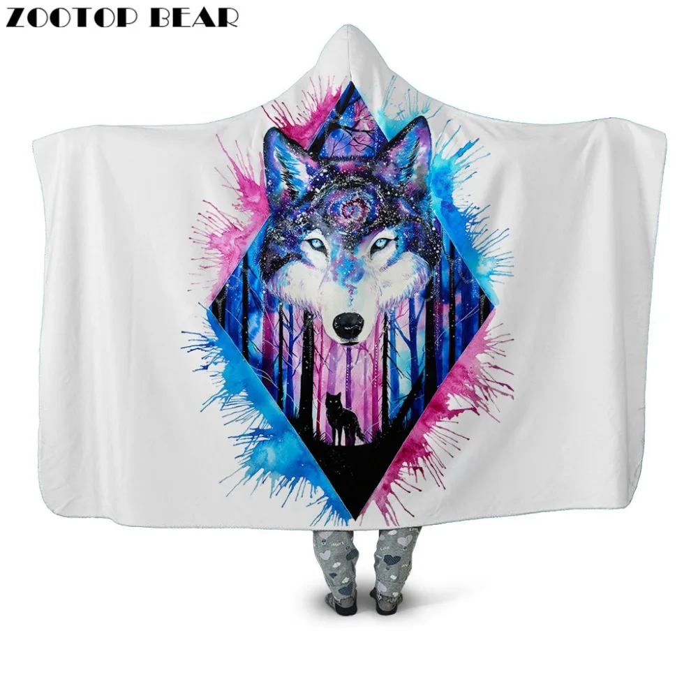 

Color Wolf Hooded Blanket Wearable Fashion Brand Animal 3D printing Throw Blankets White Soft Microfiber Bedding Portable Adults