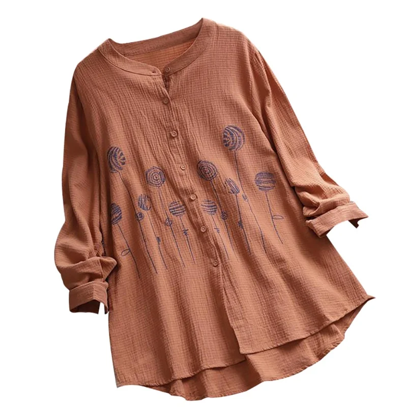 

Women's Embroidery Floral Print Cotton & Linen Long Sleeve Casual Blouse