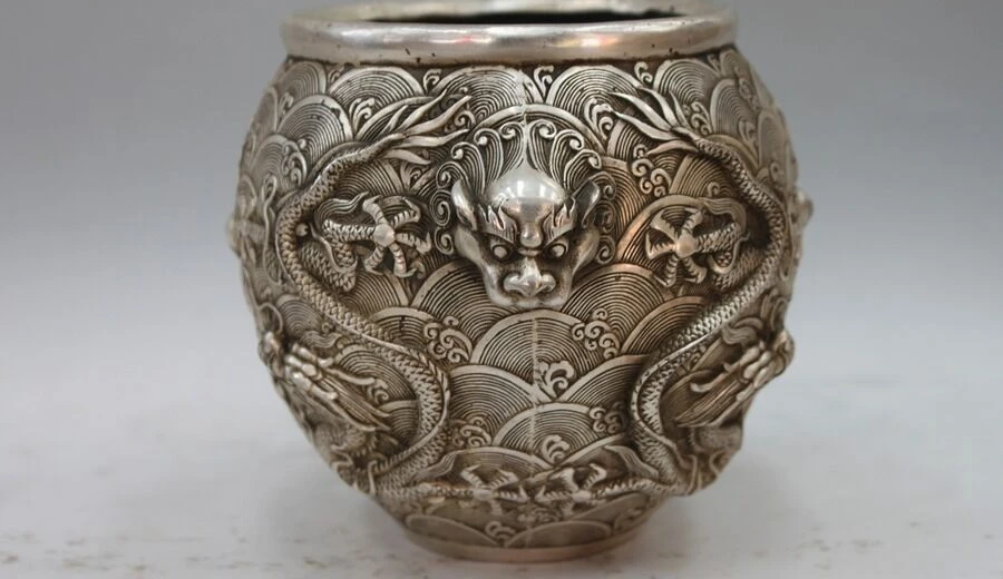 

Tibet Buddhism White Copper Silver Two Dragon Play Bead pot incense burner