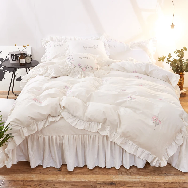 White Pink 100%Cotton Korean Bedding Sets Twin Queen King size Kids Girls Bedding set Princess Duvet Cover bed sheet/linen set