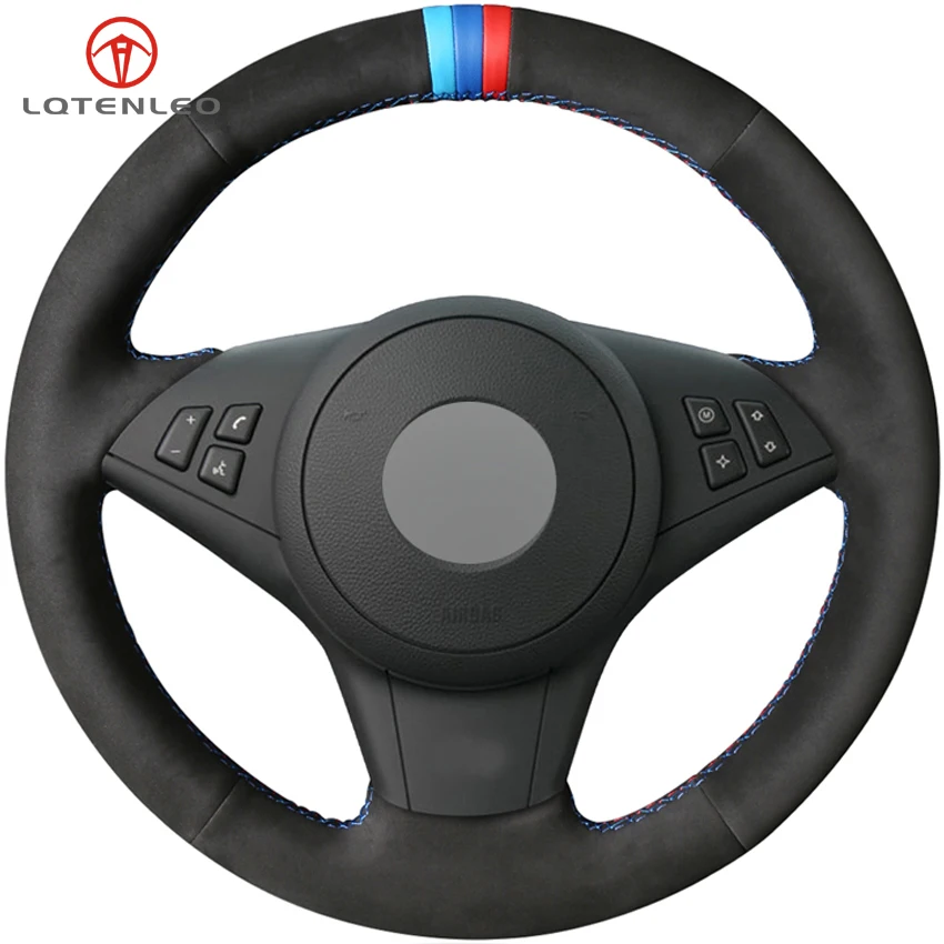 

LQTENLEO Black Suede DIY Hand-stitched Car Steering Wheel Cover for BMW E60 530i E63 E64 635D M5 M6