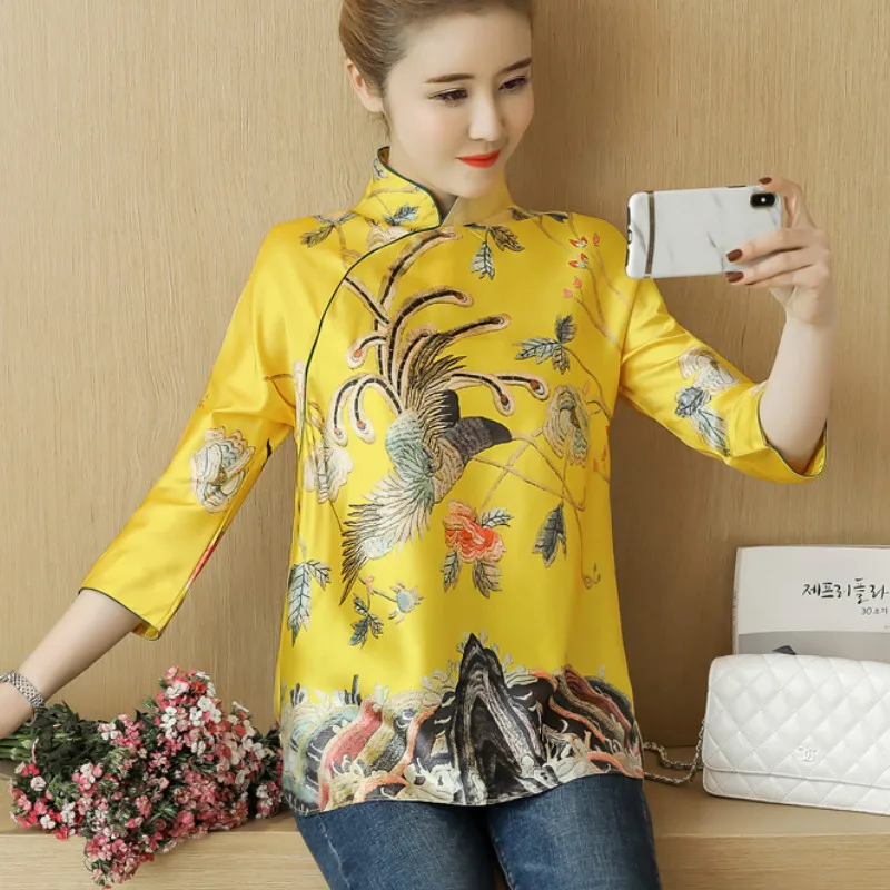 Весна Китайский стиль винтаж 3/4 рукав Cheongsam женские Атласные Рубашки Национальный РЕТРО ПРИНТ желтый блузки дамские атласные топы