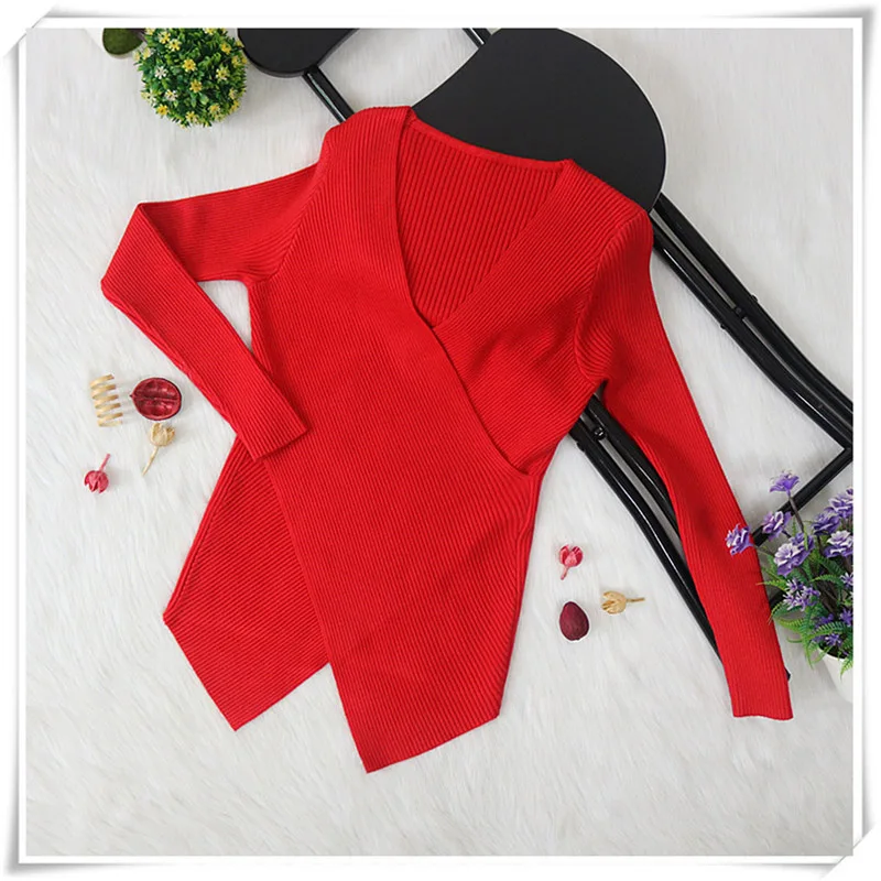 Off-the-shoulder V-neck 6-color sweater women's 2019 stitching cross long-sleeved knit pullover sexy winter knit sweater