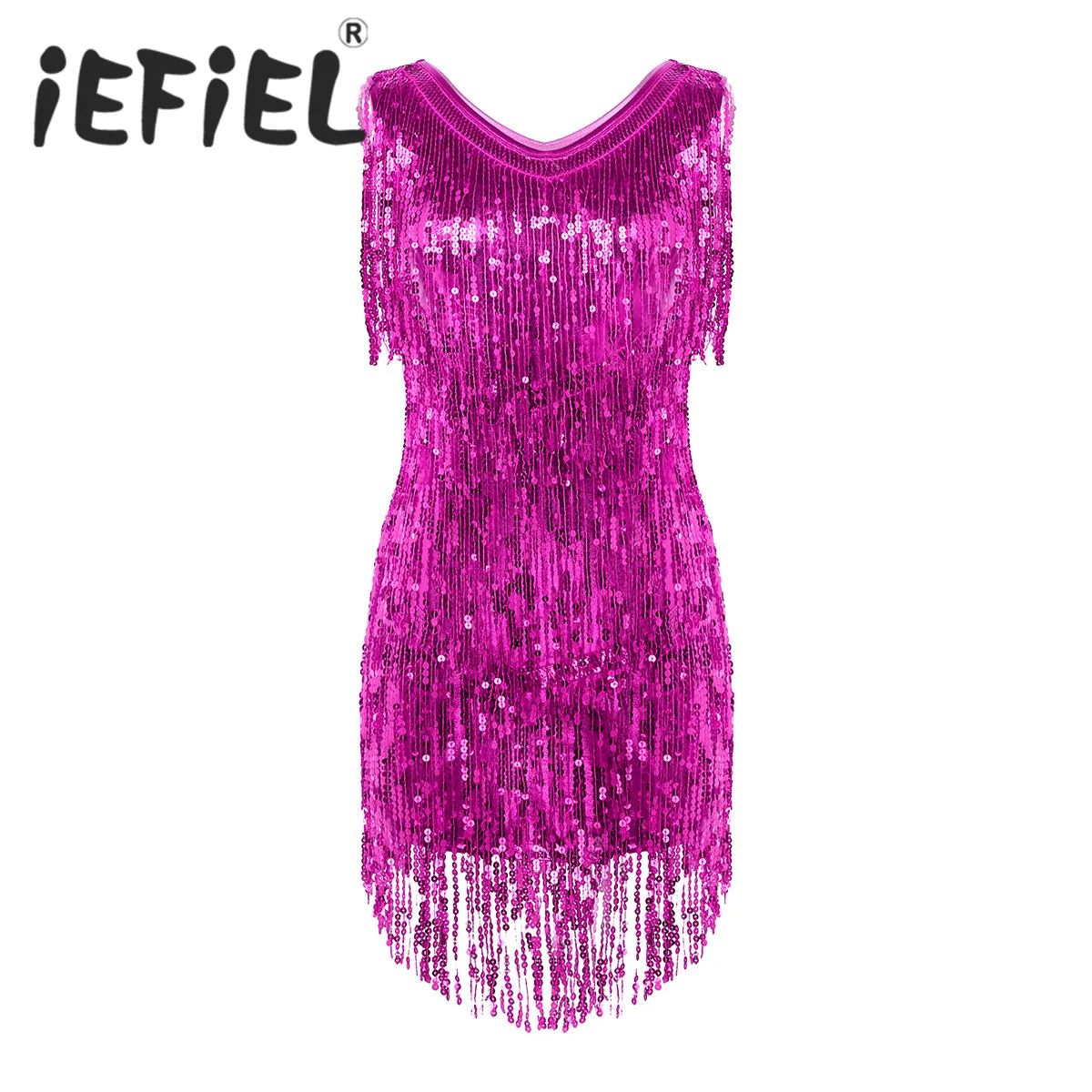 

Sequins Women Ladies Girls V Neck Sleeveless Sparkling Tassels Ballroom Samba Tango Latin Performance Dancing Ballet Dress