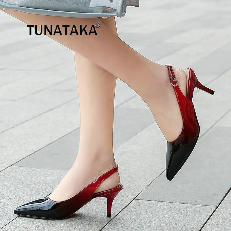 

For Women's Genuine Leather Slingbacks High Heel With Buckle Pumps Fashion Pointed Toe Mixed Colors Dress Shoes Red Apricot