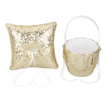 

Elegant Gold Sequins Wedding Ceremony Party Ring Pillow Cushion Bearer Flower Girl Basket
