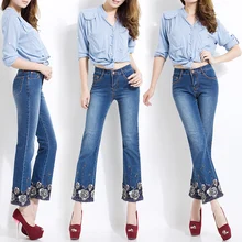 Брендовые джинсы, Эластичные Обтягивающие Брюки-клеш, женские красивые джинсы с вышивкой бисером и высокой талией, женские милые синие джинсы размера плюс 36