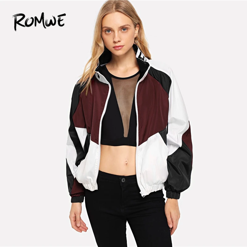 ROMWE Color Block Letter Print Jacket Women Autumn 2018 Clothing Casual Womens Jackets And Coats Female Stand Collar Outerwear ROMWE Color Block Letter Print Jacket Women Autumn 2018 Clothing Casual Womens Jackets And Coats Female Stand Collar Outerwear