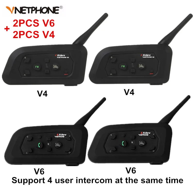 2 шт. V4+ 2 комплекта V6 Bluetooth мотоциклетный шлем домофон гарнитура BT стерео переговорные Hands Free Walkie Talkie наушники для 4 гонщиков