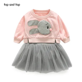 

Top and Top Children Girls clothing sets rabbit t shirt +vest lace dresses 2 pcs/sets fashion Kids girl dress clothes suits