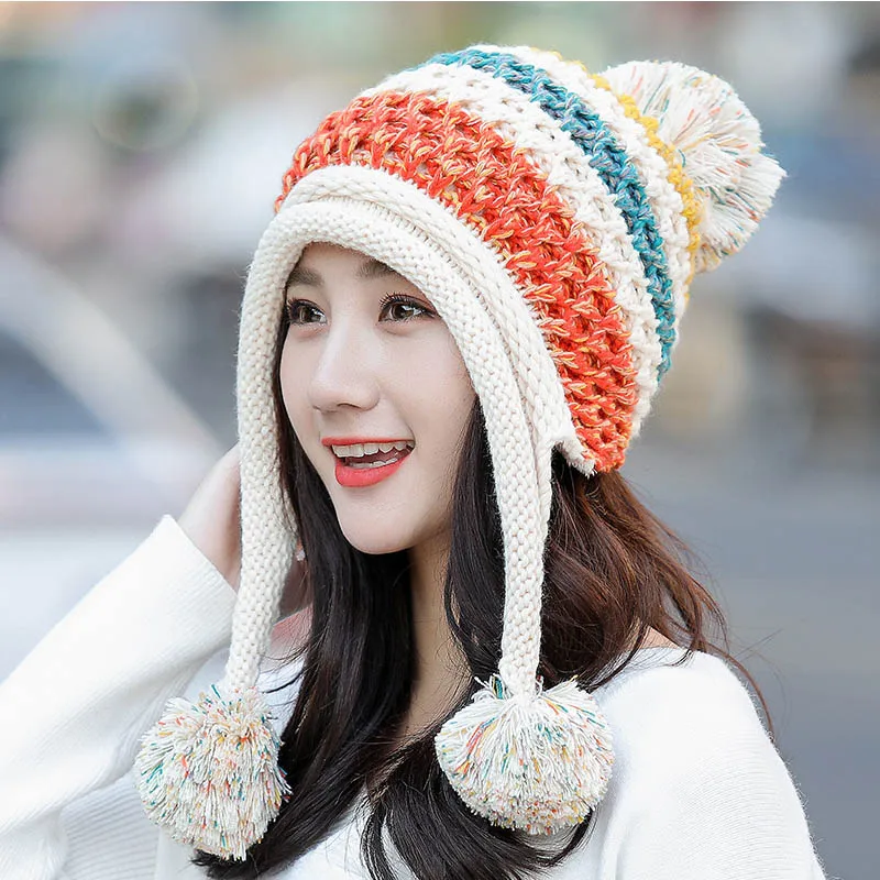 

Fur Ball Pom Pom hat knitted cap Winter Women hat ladies hair ball warm cap Patchwork Color Thicken Kitted hat