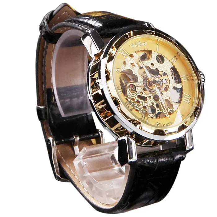 Paradise 2017 Hot font b Men s b font Classic Black Imitation Leather Gold Dial Skeleton