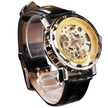 Paradise 2017 Hot Men’s Classic Black Imitation Leather Gold Dial Skeleton Mechanical Sport Army Wrist Watch Apr12