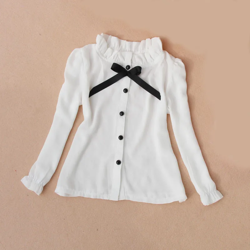 От 2 до 16 лет, коллекция года, весенне-Осенняя детская рубашка с длинными рукавами Школьная блуза для девочек топы, Детская рубашка блуза с бантом для маленьких девочек белая шифоновая одежда