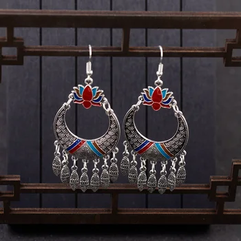 

TopHanqi Indian Jhumka Jewelry Antique Ethnic Essential Oil Dangle Earrings For Women Sliver Color Fringed Tassel Drop Earring