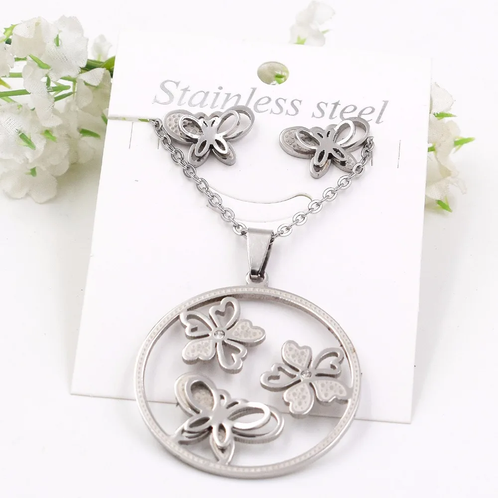 

316L Stainless Steel Jewelry Wedding Party,butterfly and flower zircon Earrings Pendant Necklace set EV-G220