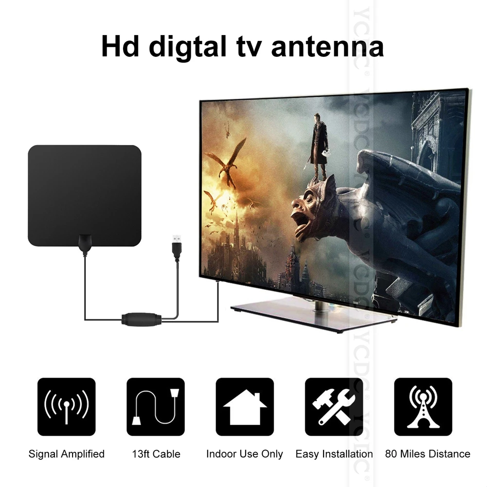 Усиленная Внутренняя HDTV антенна 80 миль диапазон цифрового ТВ Антенна Усилитель