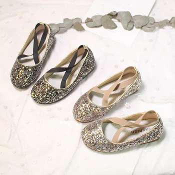 

Simple Design New Style Girls Bling Sparkling Sequin PU Leather Elegant Shoes Princess Children Shoes Soft Sole Princess Flat