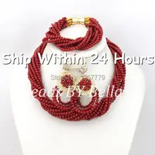Последний дизайн Свадебный Африканский бисер комплект ювелирных изделий красные коралловые бусины ожерелье браслет ювелирные украшения для невесты набор ABC436