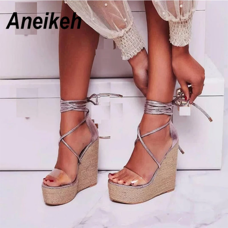 

Aneikeh Fashion PVC Sandal Women Transparent Sandals Ankle Strap Lace-Up Wedges High Heels Solid Party Daily Pumps Size 35-40