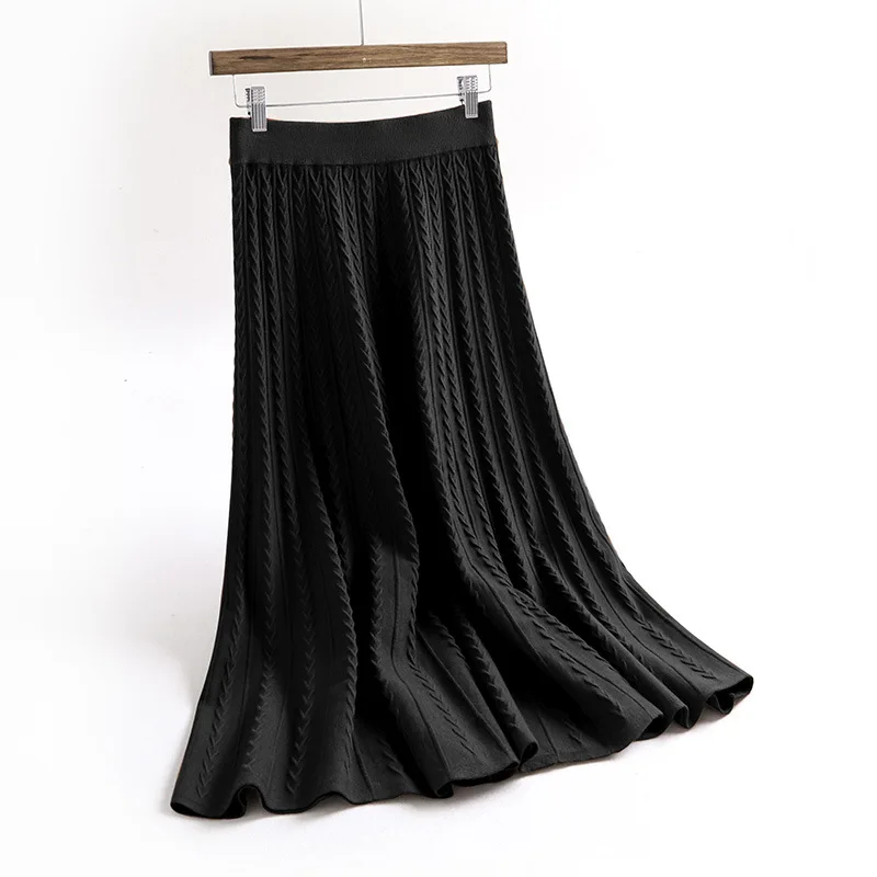 negro Falda Jacquard Paraguas 2019 Largo Punto marrón invierno Alta Beige Cintura Otoño Mujer Faldas Retro Nueva De La Palabra gris Lana 4wO7qWU