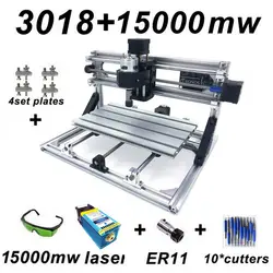 Новейший 15 Вт CNC3018 гравировальный станок ER11 с синей лазерной головкой 500 МВт 2500 мвт 5500 МВт 15000 МВт деревянный маршрутизатор PCB фрезерный