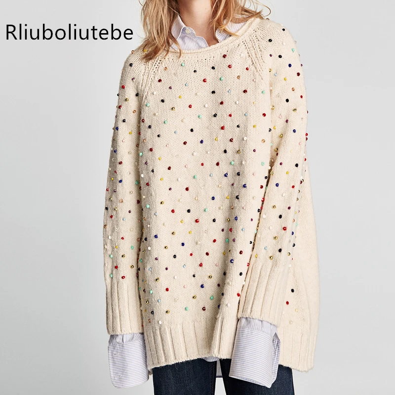 

Women Loose Sweater With Faux Pearls Beads O-Neck Long Sleeves Pullover Knitted Sweater Female Casual Winter Spring Jumper