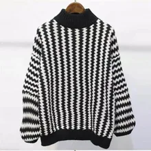 Women Turtleneck Sweaters Knitted Black White Striped Lantern Sleeve Oversized Pullover Luxury Casual Winter Sweater Women Turtleneck Sweaters Knitted Black White Striped Lantern Sleeve Oversized Pullover Luxury Casual Winter Sweater