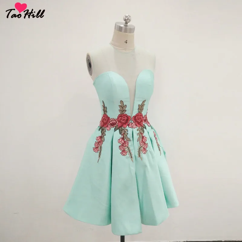 

TaoHill Mint Green Cocktail Dresses for Party A-line Rose Flower Applique Mini Length Cocktail Dress 2019 Evening Party