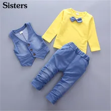 Sisters/Осенняя детская одежда Костюм Джентльмена для маленьких мальчиков футболка с длинными рукавами и галстуком-бабочкой+ жилет+ штаны комплекты из 3 предметов для детей от 1 до 4 лет