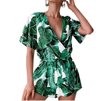 

2018 Deep V Neck Summer Women Jumpsuit Sexy Short Sleeve Green Leaves Print Beach Playsuit Overalls Casual Boho Female Bodysuit