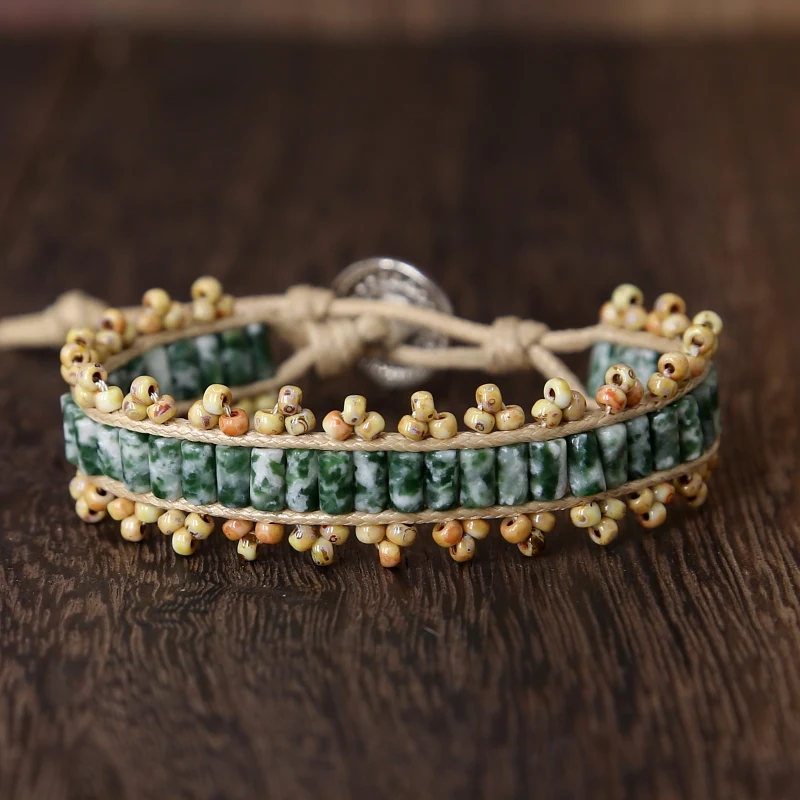 

2019 GREEN STONE Handmade bangle top quality miyuki beads charms Natural Stone Tube Beads wax rope Wrap Bracelet drop shipping