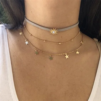 

KISSWIFE 3PC/Set New Fashion TrendyJewelry Sun Star Tassel Choker Multi Layer Necklace Gift For Women Girl