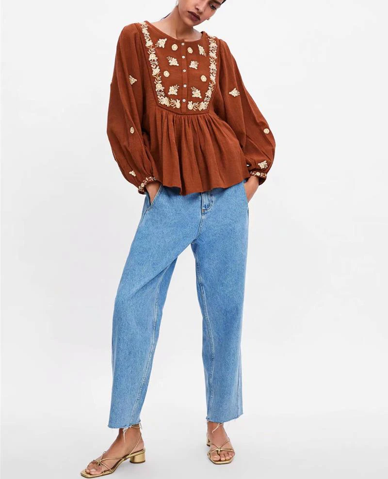 Boho Для женщин блузка с длинным рукавом o-образным вырезом цветочной вышивкой Весенняя блуза Повседневное хлопок и лен Для женщин топы и