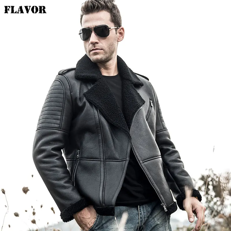 Ароматная мужская куртка из натуральной кожи, Мужская мотоциклетная куртка из натуральной овчины, зимнее теплое пальто - Цвет: Black