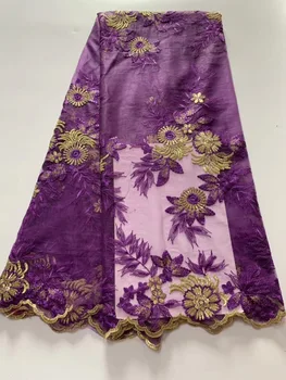 

2019 French Lace Fabric Wedding Purple Gold Line 3D Applique African Tulle Lace Fabric 3D Flowers Embroidered Tulle Lace fabric