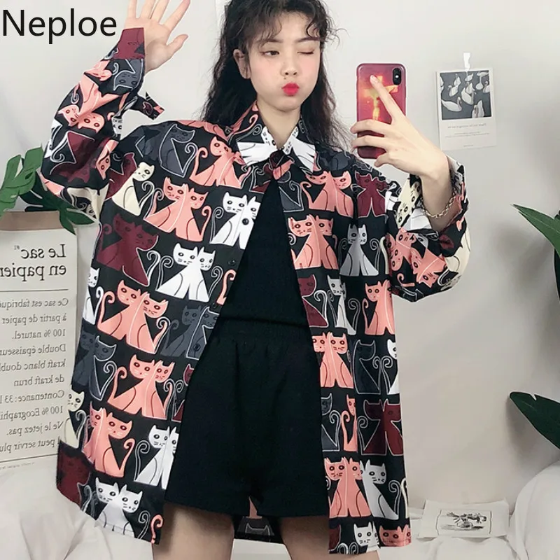 

Neploe New Korean Style Women Blouses Shirts Cat Print Long Sleeve Spring Summer Ladies Tops Blouse Loose Plus Size Blusas 38972