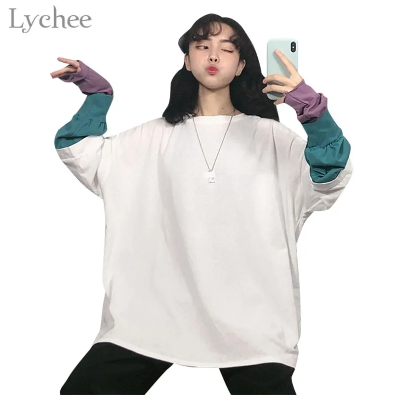 Lychee модные хит Цвет рукав женская футболка в стиле пэтчворк с длинным рукавом и О