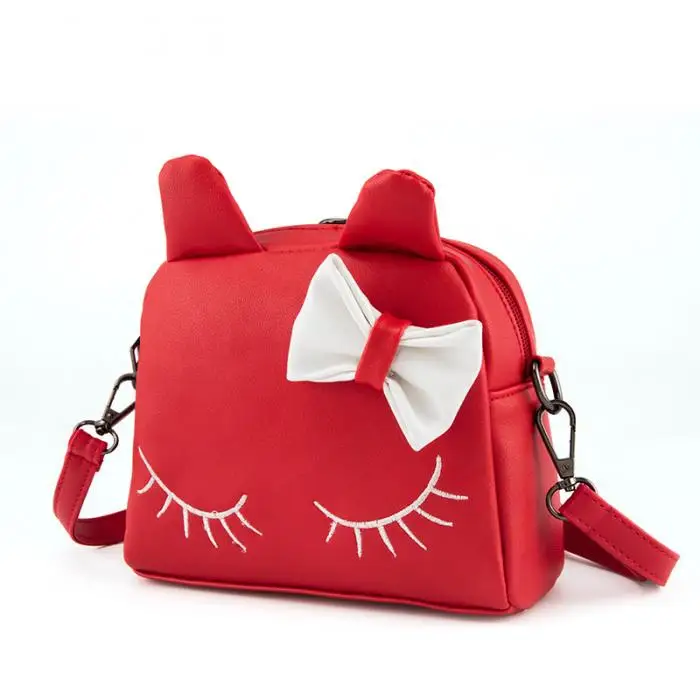 New Sweet Girl Shoulder Bag PU Leather Zipper Cute Cat Bow Handbag Kids Casual Bags WML99