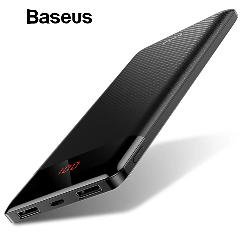 Baseus Slim Power Bank 10000mAh LCD Display External Battery Pack Portable Mobile Phone Charger with Dual USB Output Powerbank