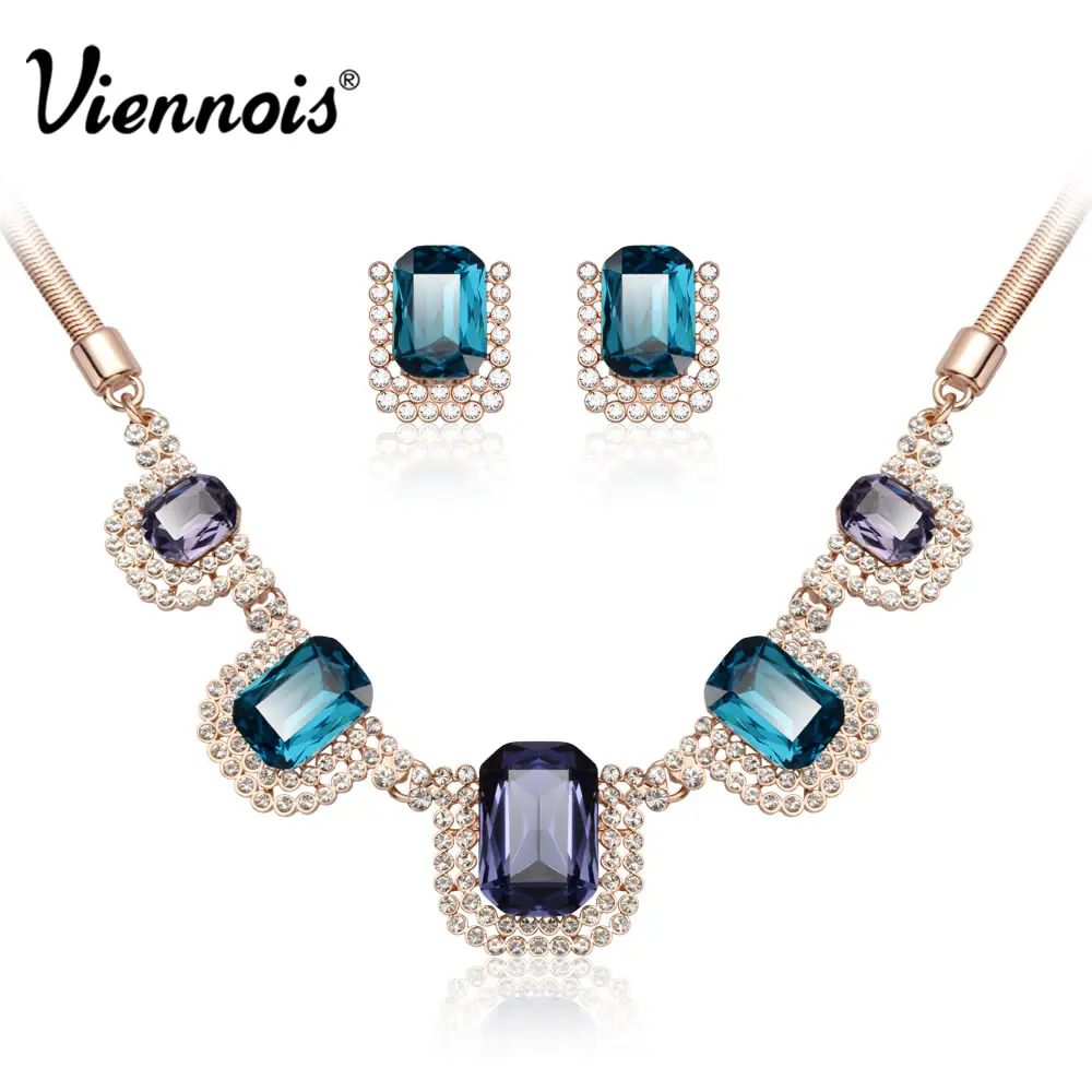 

Viennois Elegant Brand Rose Gold Color Blue Rhinestone Crystal Earrings & Necklace For Women Bridesmaids Wedding Jewelry