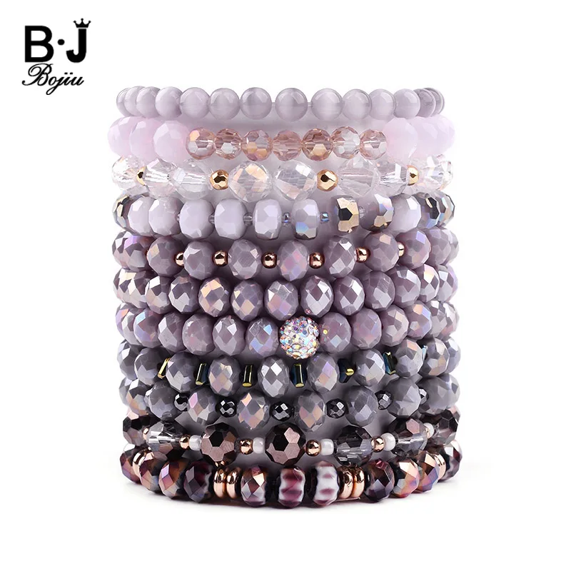 BOJIU Trendy Faceted Crystal Strand Bracelet For Women Cute Pink Purple Gray Black Crystal Bead Bracelet Hot Lady Jewelry BC276