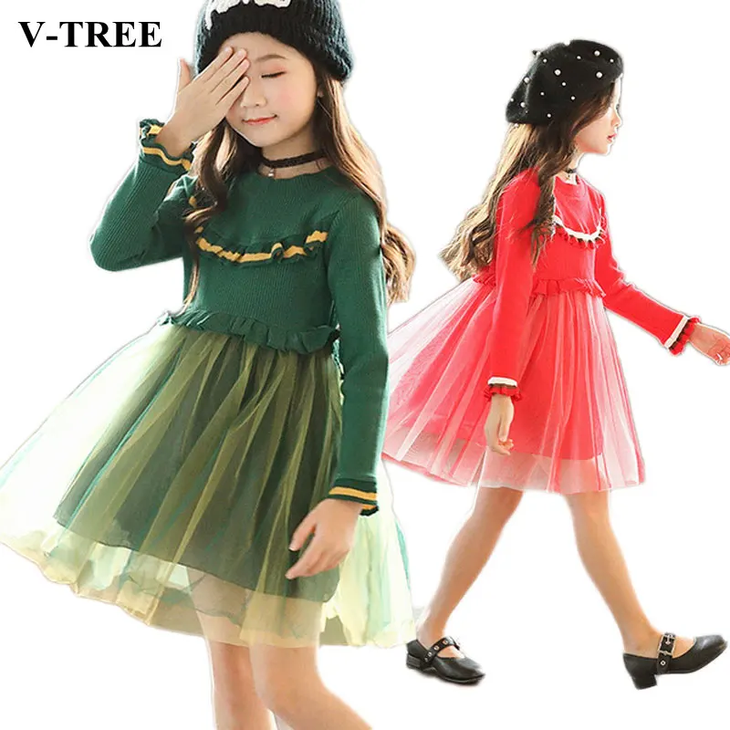

2018 Autumn Winter Girls Dress Sweater Dresses For Girl Long-sleeved Children's Princess Dress 3-10T Teenager Costume Clothing