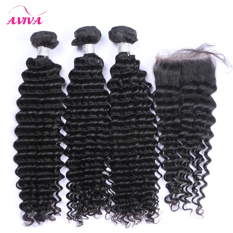 

Indian Deep Wave With Closure Unprocessed Indian Deep Wave Curly Virgin Human Hair Weaves 3 Bundles and Top Lace Closure 4*4Size