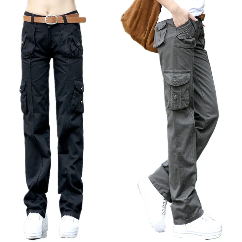Spring and Autumn Thick Cotton Cargo Pants Women Hip Hop Loose Pants Jeans Baggy Leisure Trousers Capris Khaki Gray Black
